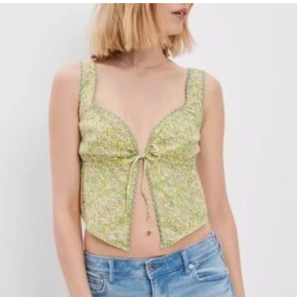 American Eagle Linen Green Tie-Front Sleeveless Crop Top